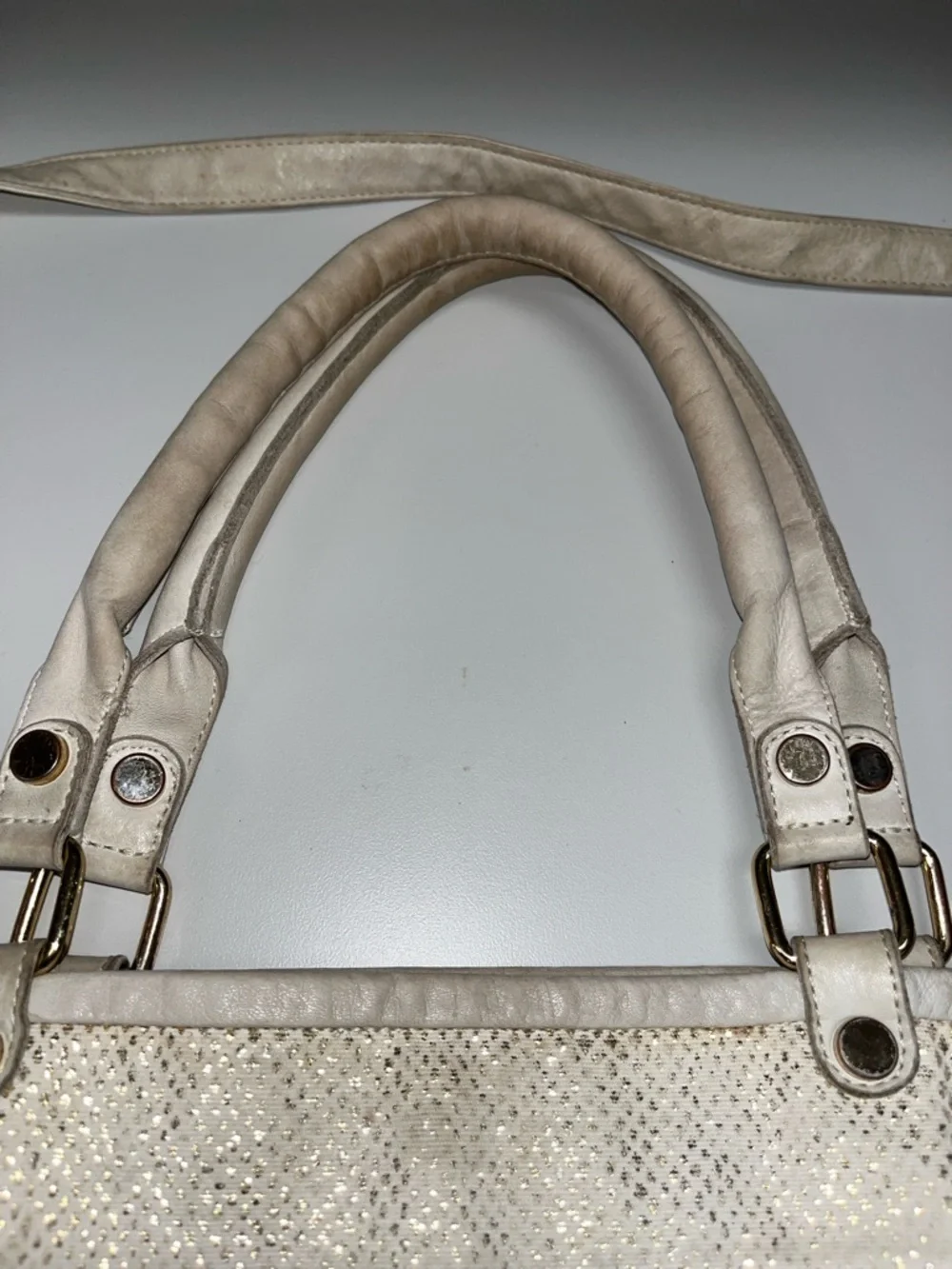 B-Low the Belt White & Gold Fringe Leather & Canvas Shoulder Bag